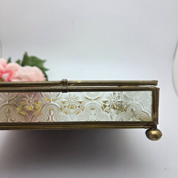 Vintage Glass Mirrored Jewelry Trinket Box Etched Rose Brass Mid Century - Picture 4 of 14